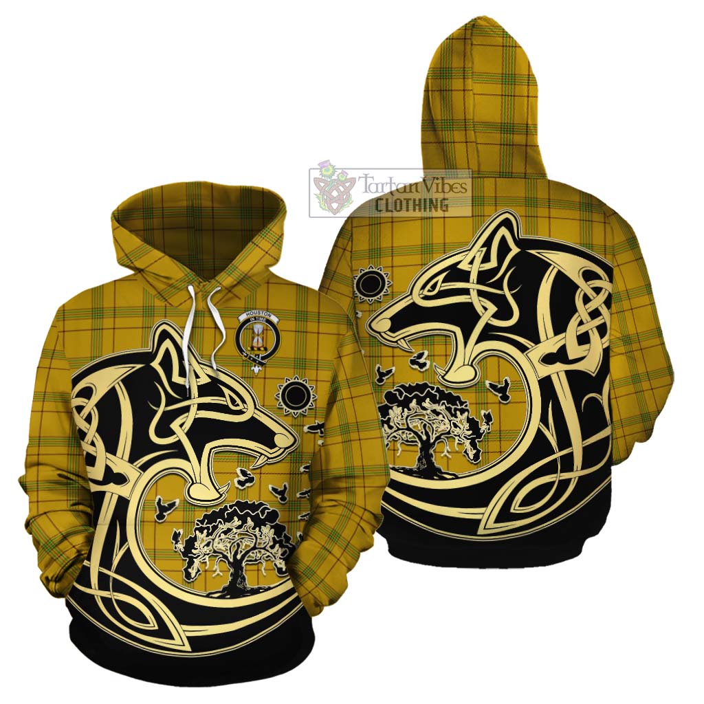 Tartan Vibes Clothing Houston Tartan Cotton Hoodie with Family Crest Celtic Wolf Style