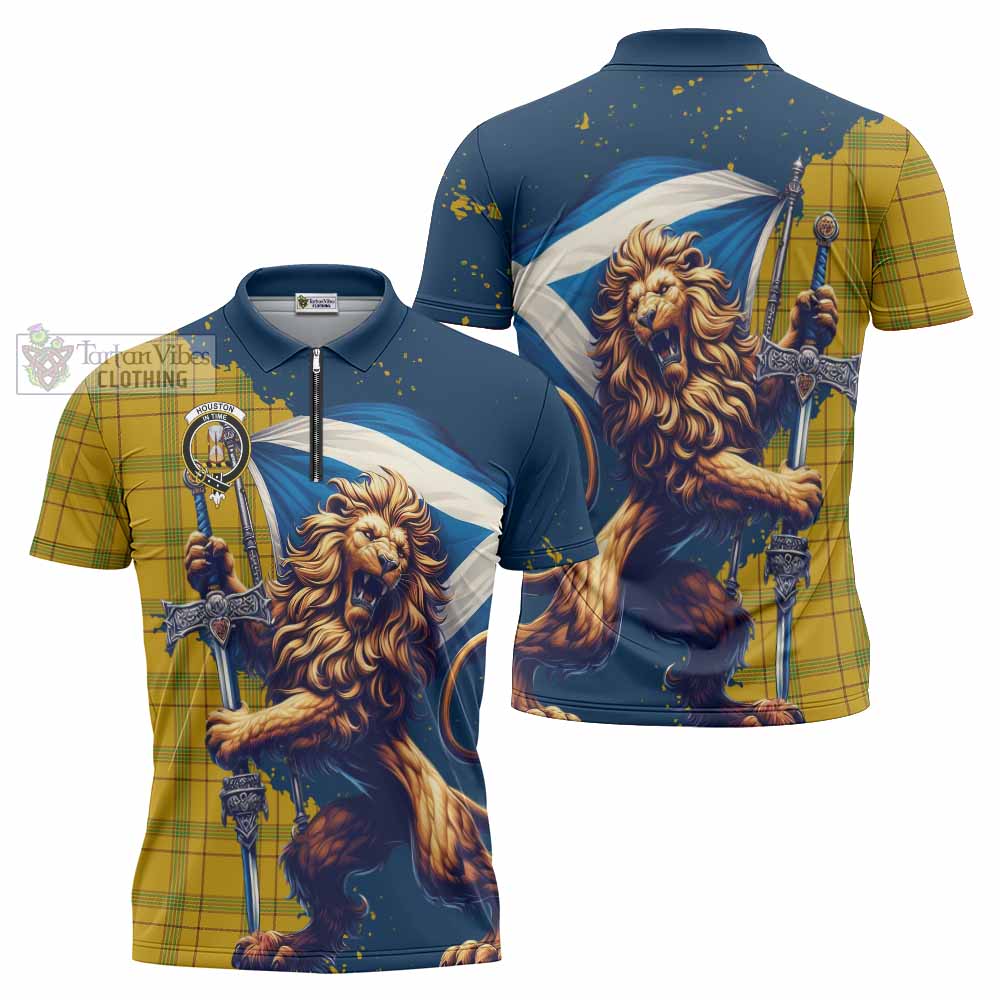 Tartan Vibes Clothing Houston Tartan Family Crest Zipper Polo Shirt with Scottish Majestic Lion