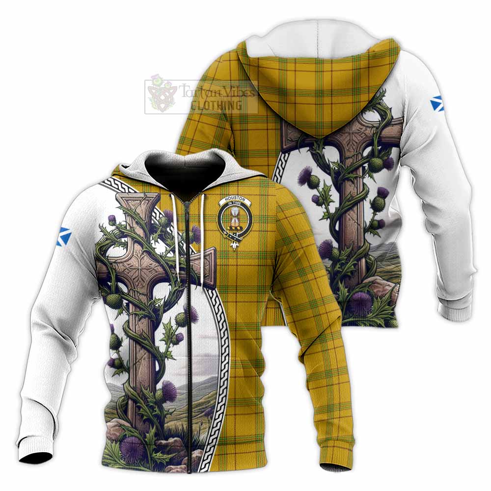 Tartan Vibes Clothing Houston Tartan Knitted Hoodie with Family Crest and St. Andrew's Cross Accented by Thistle Vines