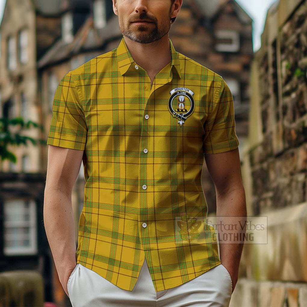 Tartan Vibes Clothing Houston Tartan Short Sleeve Button Shirt with Family Crest Celtic Skull Style