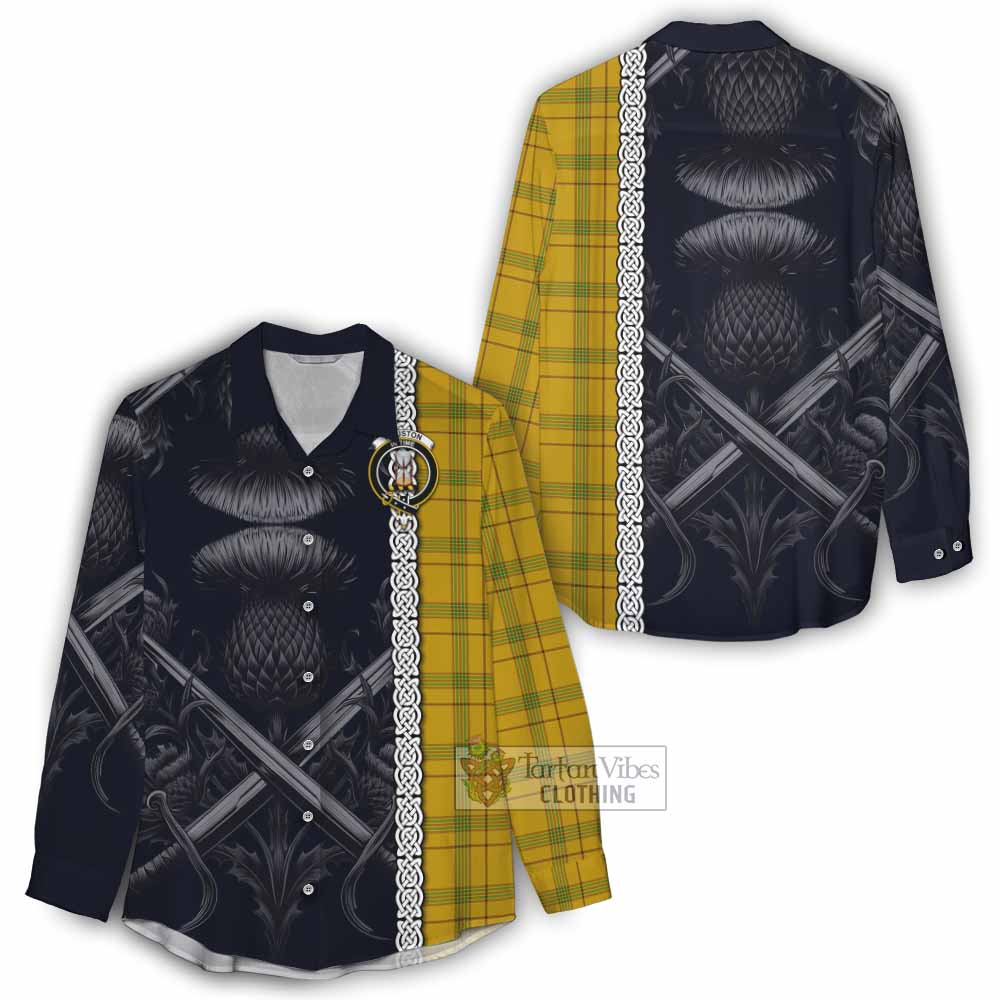 Tartan Vibes Clothing Houston Tartan Women's Casual Shirt with Family Crest Cross Sword Thistle Celtic Vibes