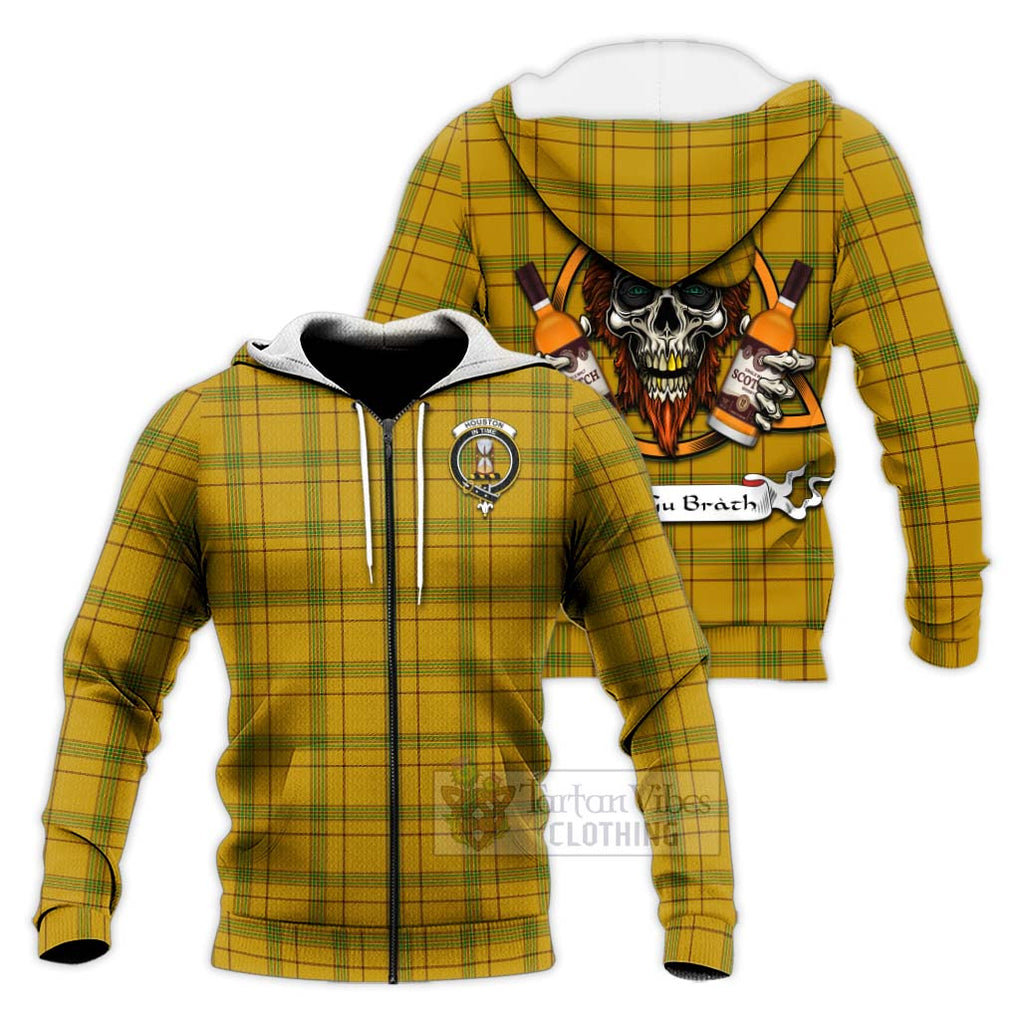 Tartan Vibes Clothing Houston Tartan Knitted Hoodie with Family Crest and Bearded Skull Holding Bottles of Whiskey