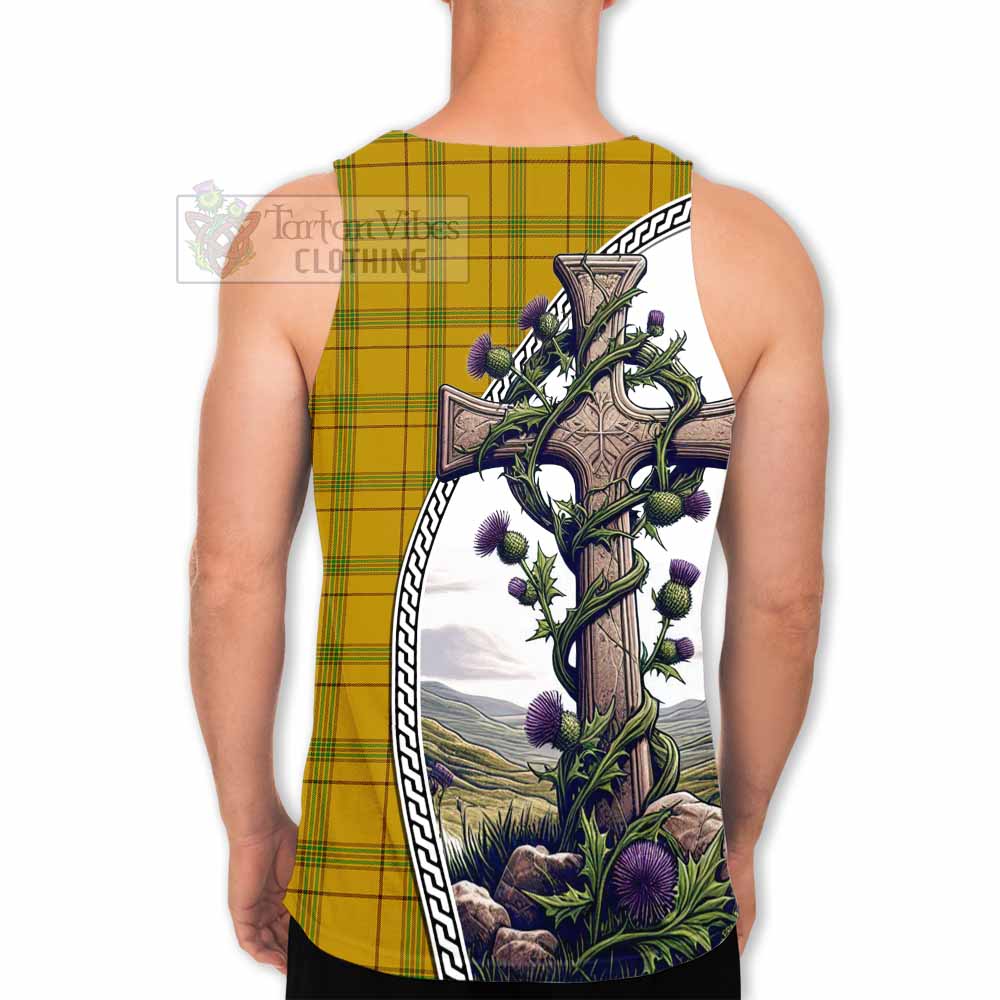 Tartan Vibes Clothing Houston Tartan Men's Tank Top with Family Crest and St. Andrew's Cross Accented by Thistle Vines