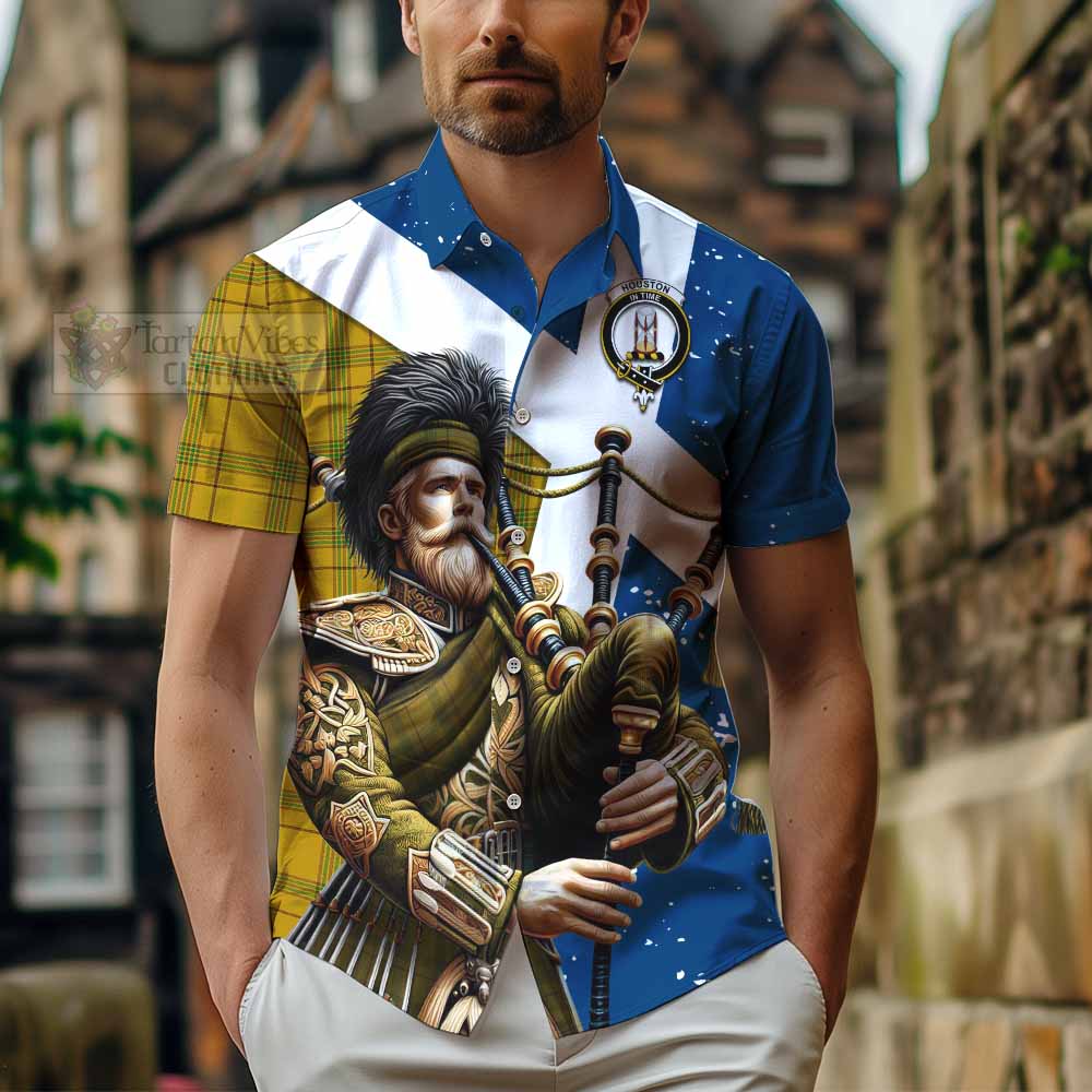 Tartan Vibes Clothing Houston Tartan Short Sleeve Button Shirt with Family Crest Scottish Bagpiper Vibes