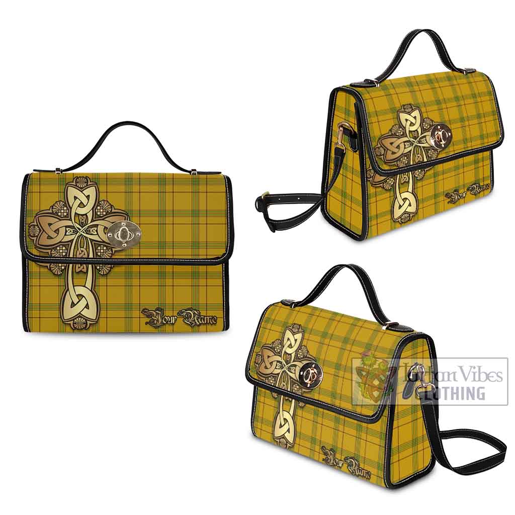 Tartan Vibes Clothing Houston Tartan Waterproof Canvas Bag Golden Thistle Celtic Cross Style