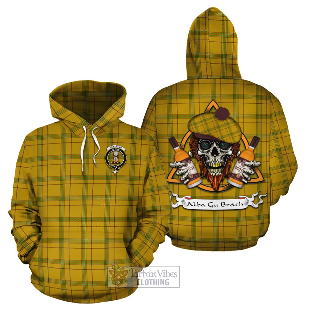 Tartan Vibes Clothing Houston Tartan Cotton Hoodie with Family Crest and Bearded Skull Holding Bottles of Whiskey