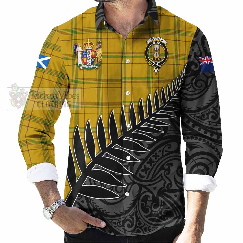 Tartan Vibes Clothing Houston Crest Tartan Long Sleeve Button Shirt with New Zealand Silver Fern Half Style