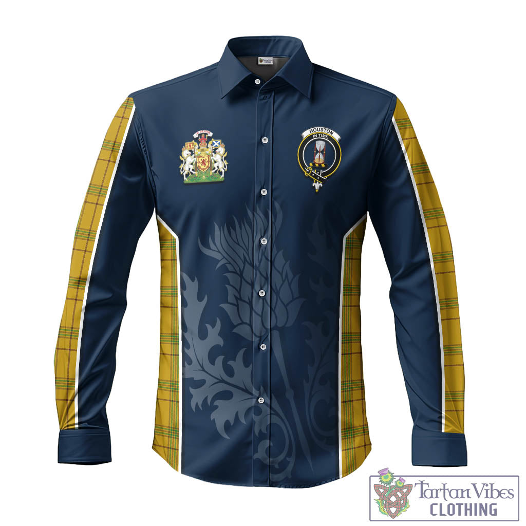 Tartan Vibes Clothing Houston Tartan Long Sleeve Button Up Shirt with Family Crest and Scottish Thistle Vibes Sport Style