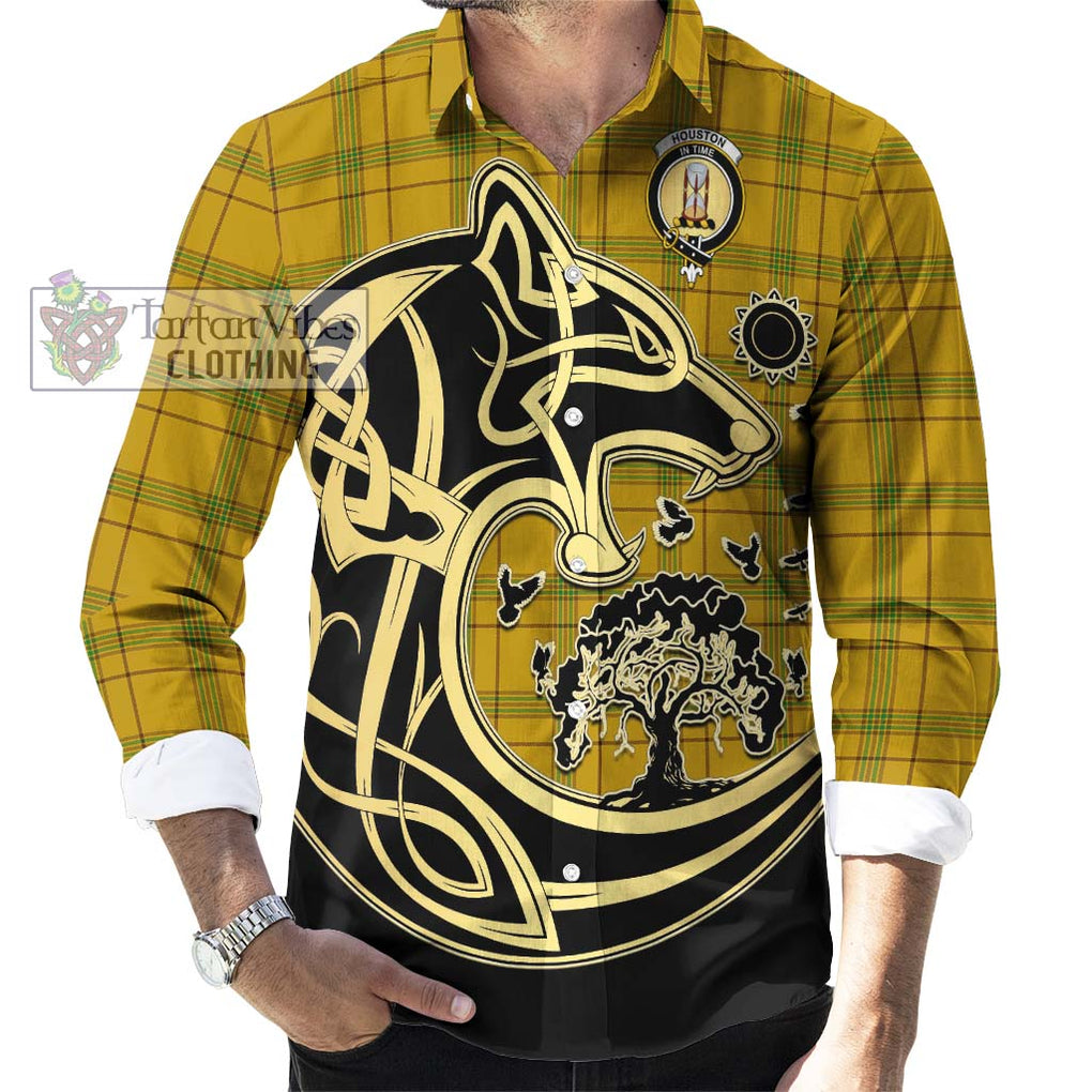 Houston Tartan Long Sleeve Button Shirt with Family Crest Celtic Wolf Style - Tartan Vibes Clothing