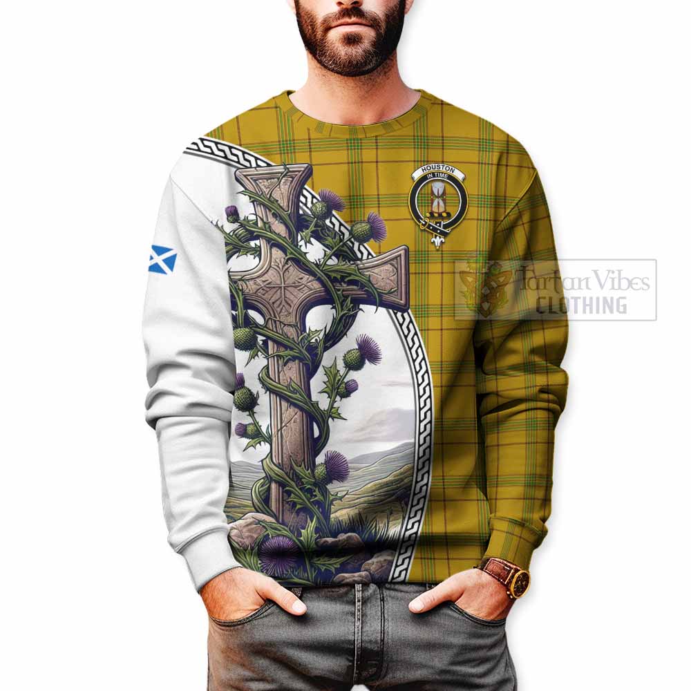 Tartan Vibes Clothing Houston Tartan Sweatshirt with Family Crest and St. Andrew's Cross Accented by Thistle Vines