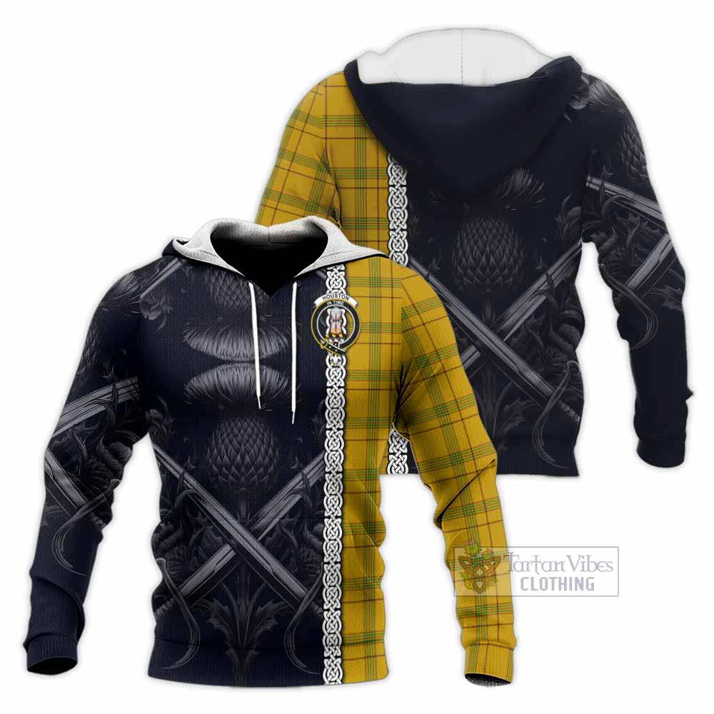 Tartan Vibes Clothing Houston Tartan Knitted Hoodie with Family Crest Cross Sword Thistle Celtic Vibes