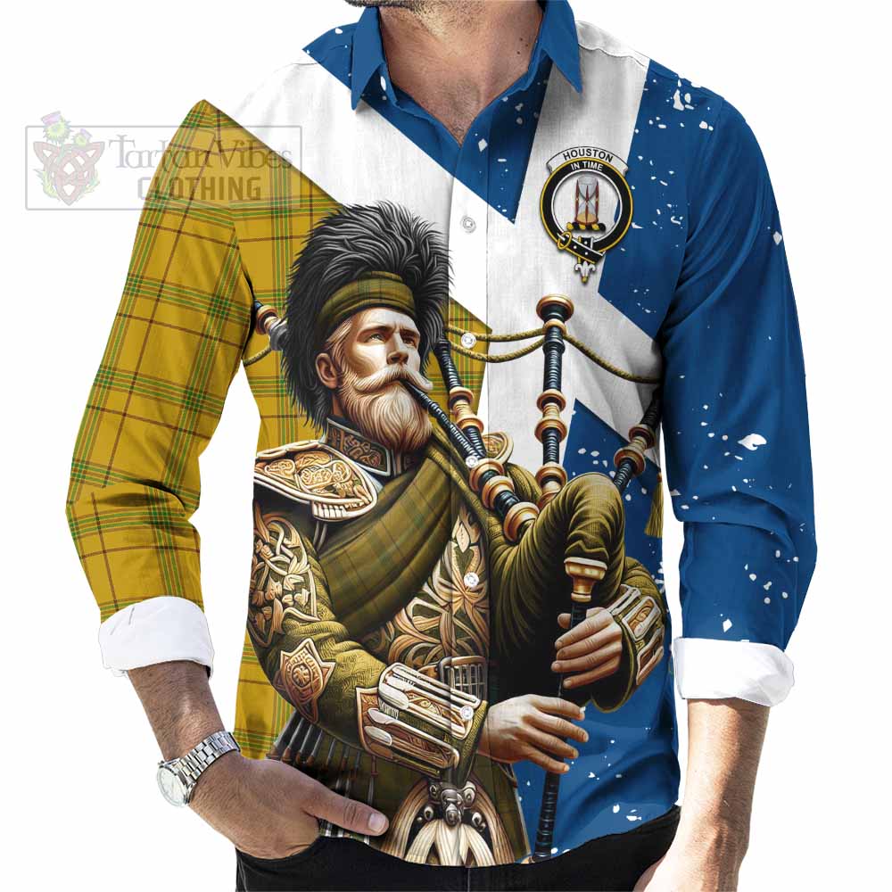 Tartan Vibes Clothing Houston Tartan Long Sleeve Button Shirt with Family Crest Scottish Bagpiper Vibes