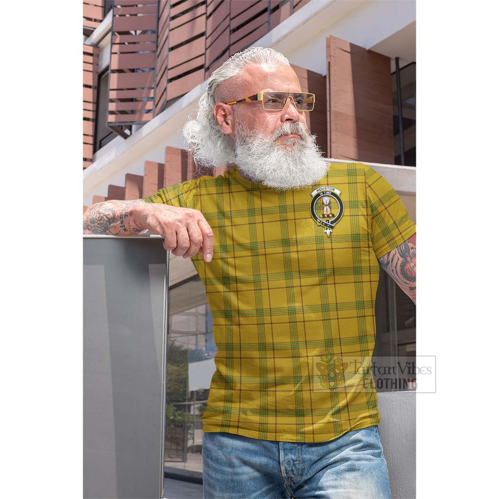 Tartan Vibes Clothing Houston Tartan Cotton T-shirt with Family Crest and Bearded Skull Holding Bottles of Whiskey