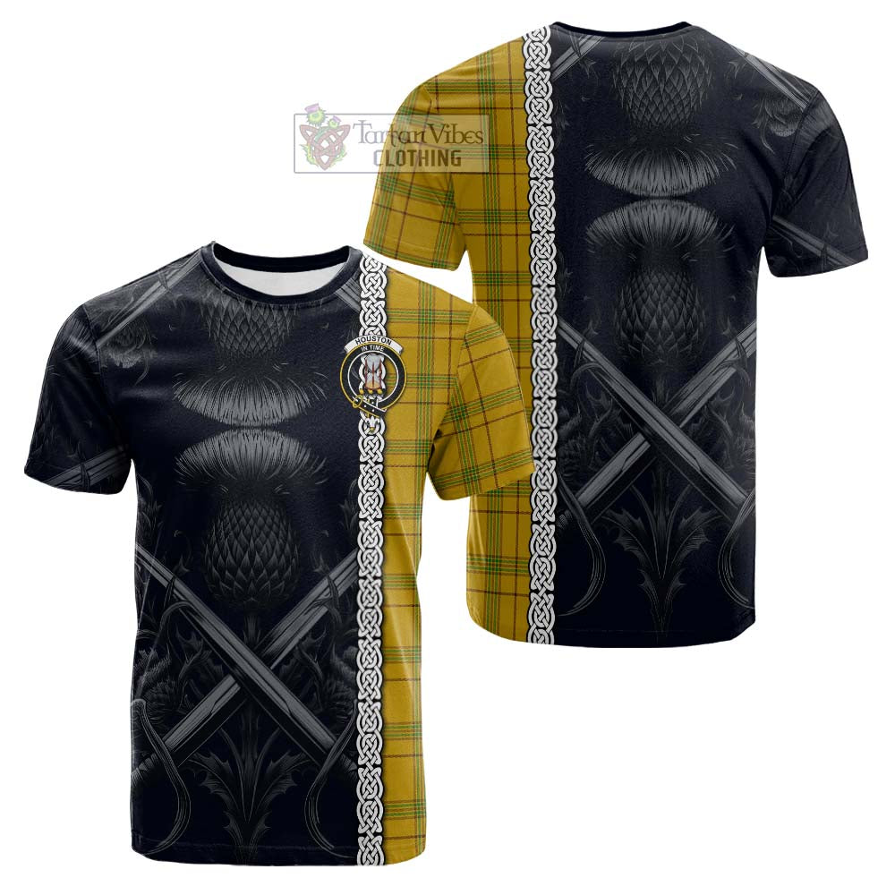 Tartan Vibes Clothing Houston Tartan Cotton T-shirt with Family Crest Cross Sword Thistle Celtic Vibes