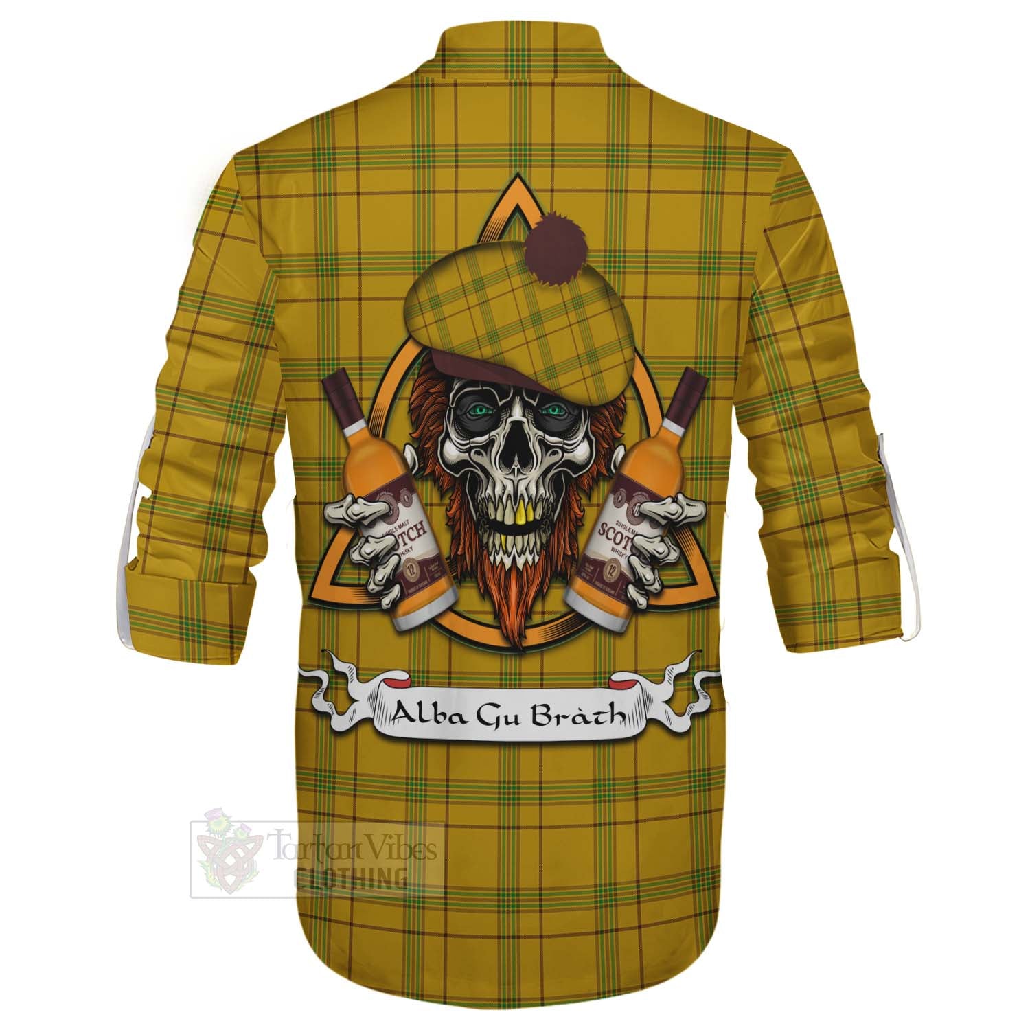 Tartan Vibes Clothing Houston Tartan Ghillie Kilt Shirt with Family Crest and Bearded Skull Holding Bottles of Whiskey