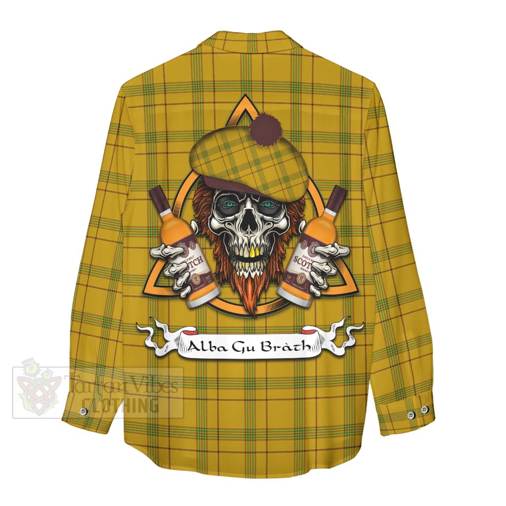 Tartan Vibes Clothing Houston Tartan Women's Casual Shirt with Family Crest and Bearded Skull Holding Bottles of Whiskey