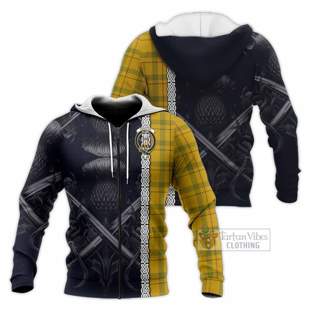 Tartan Vibes Clothing Houston Tartan Knitted Hoodie with Family Crest Cross Sword Thistle Celtic Vibes