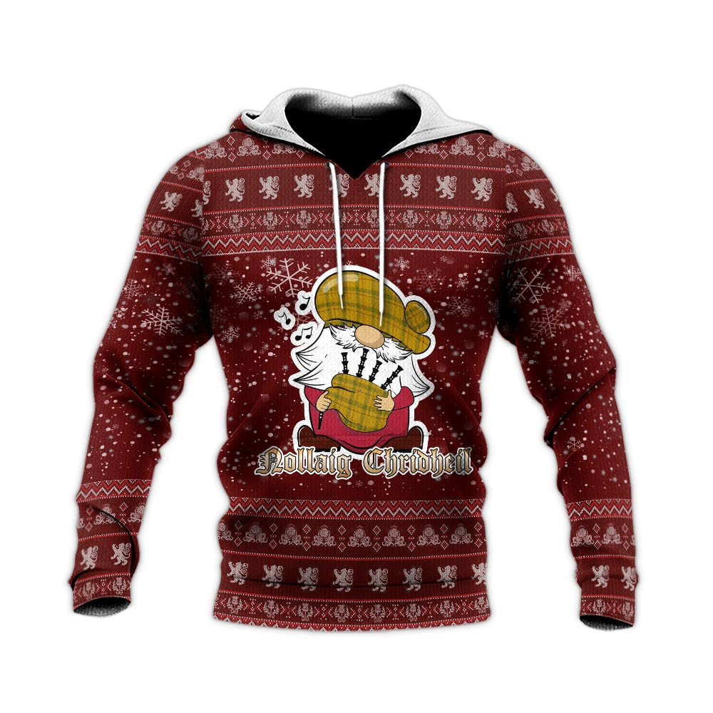 Houston Clan Christmas Knitted Hoodie with Funny Gnome Playing Bagpipes - Tartanvibesclothing