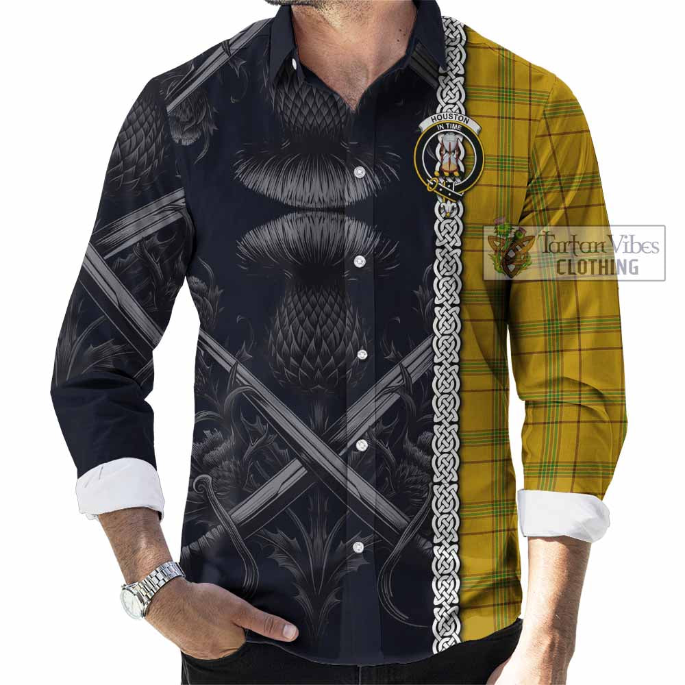 Tartan Vibes Clothing Houston Tartan Long Sleeve Button Shirt with Family Crest Cross Sword Thistle Celtic Vibes