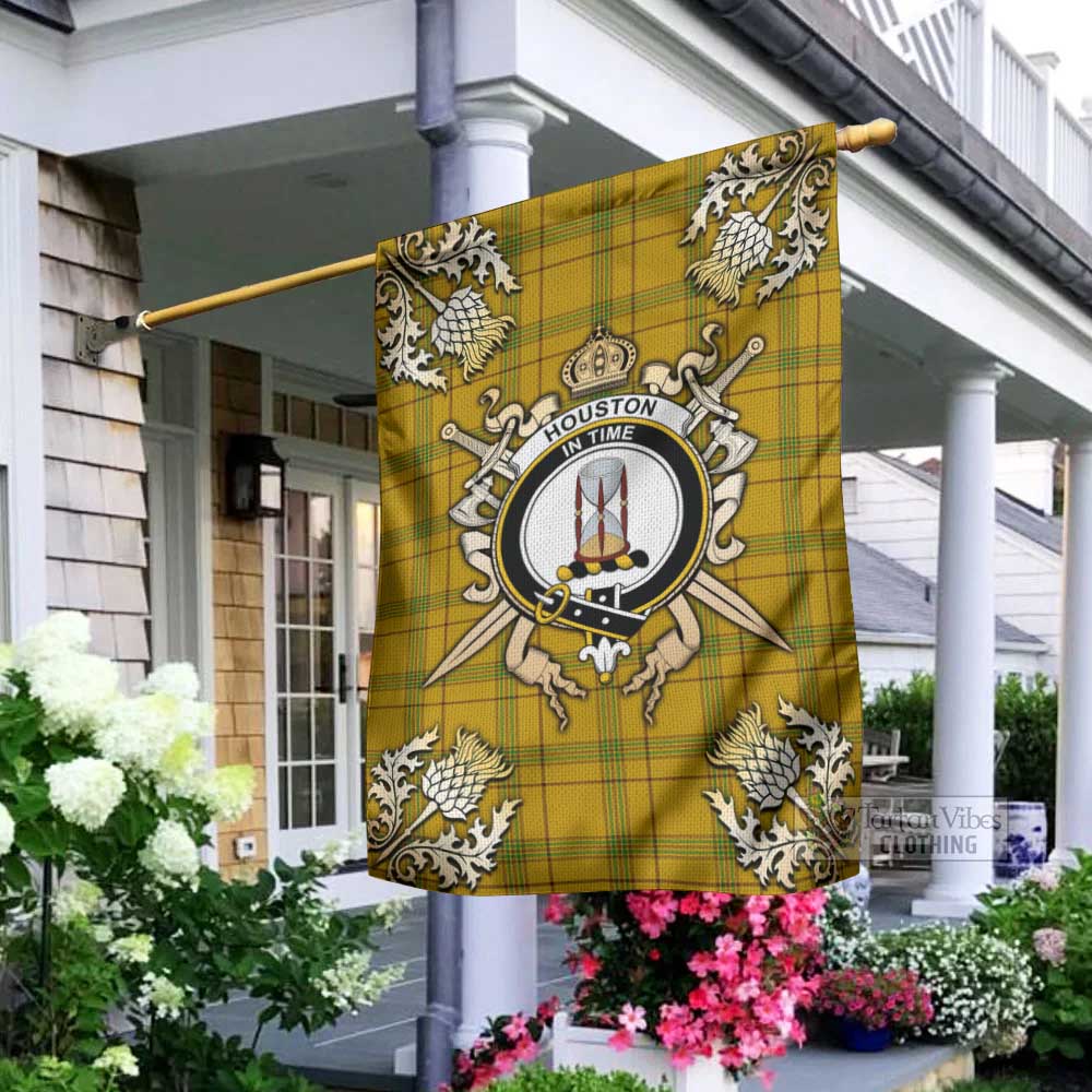 Tartan Vibes Clothing Houston Tartan Flag with Family Crest and Golden Thistle Crossed Sword Design