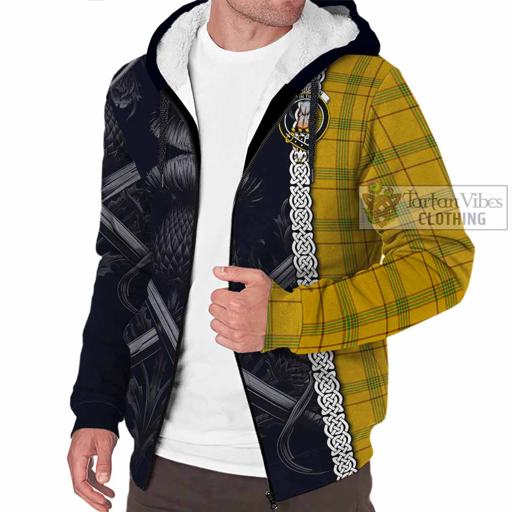 Tartan Vibes Clothing Houston Tartan Sherpa Hoodie with Family Crest Cross Sword Thistle Celtic Vibes