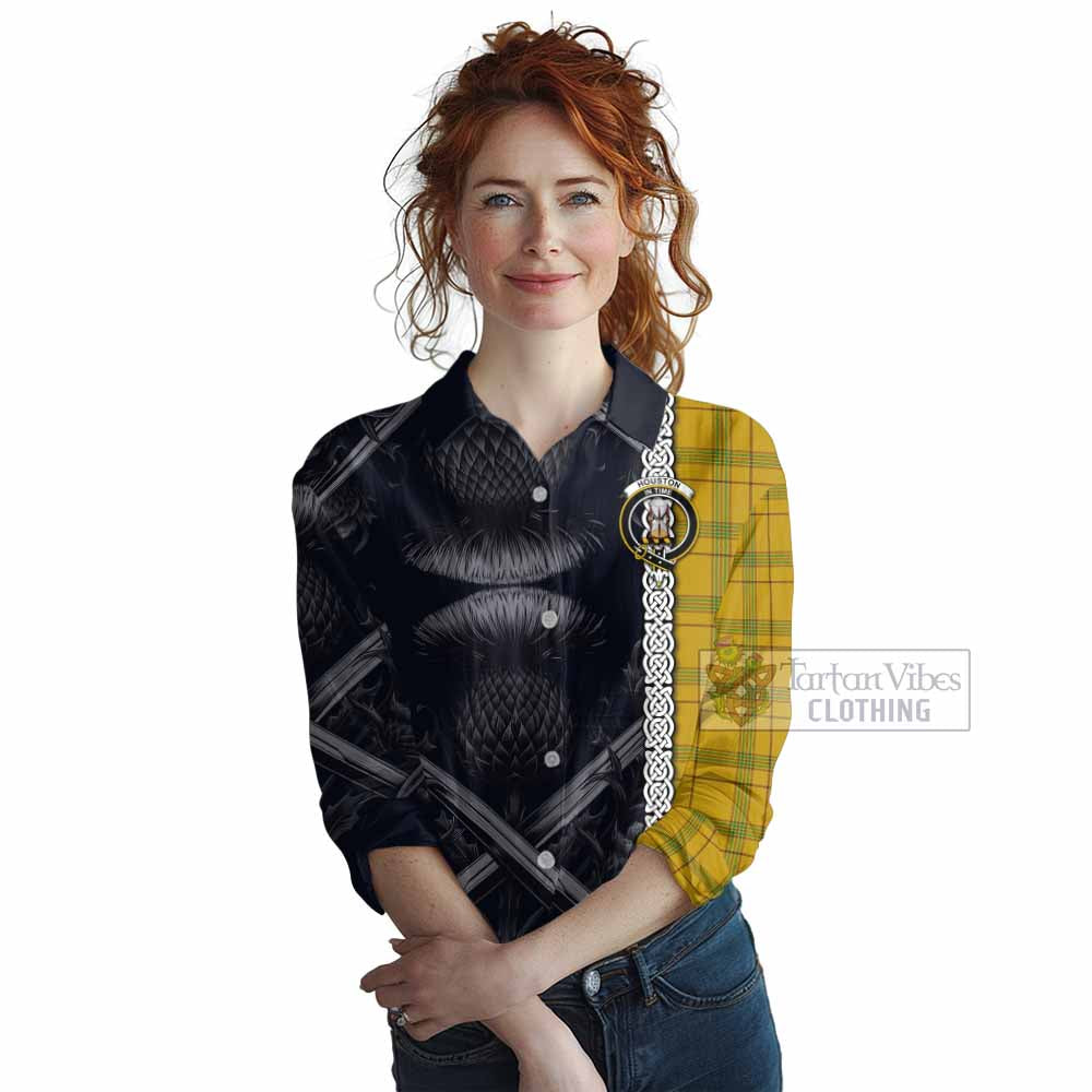 Tartan Vibes Clothing Houston Tartan Women's Casual Shirt with Family Crest Cross Sword Thistle Celtic Vibes