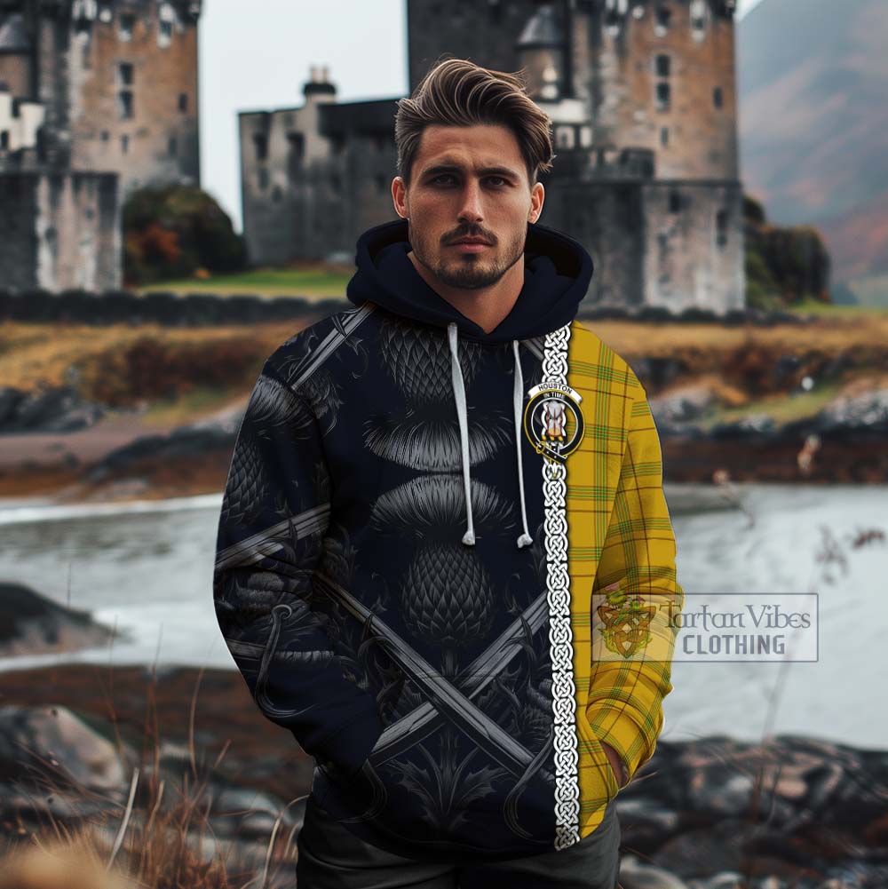 Tartan Vibes Clothing Houston Tartan Cotton Hoodie with Family Crest Cross Sword Thistle Celtic Vibes