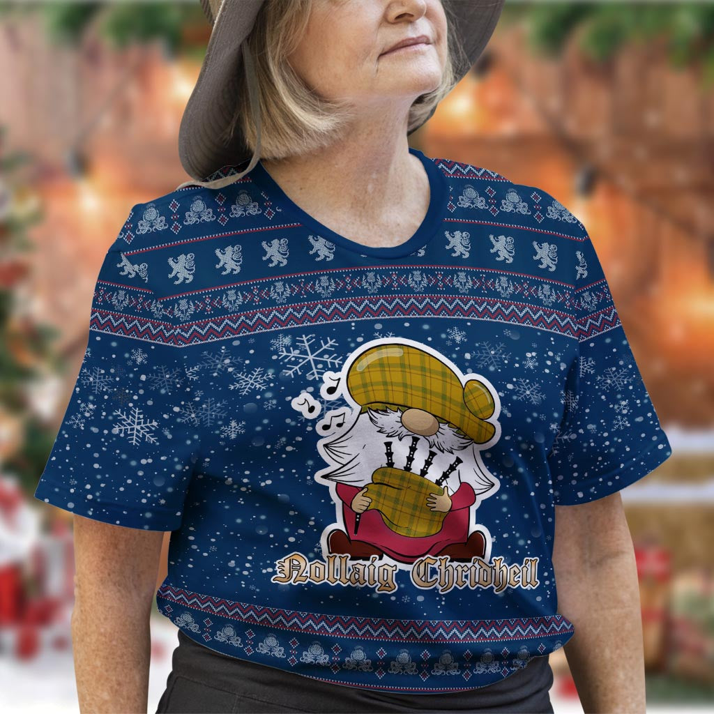 Houston Clan Christmas Family T-Shirt with Funny Gnome Playing Bagpipes Women's Shirt Blue - Tartanvibesclothing