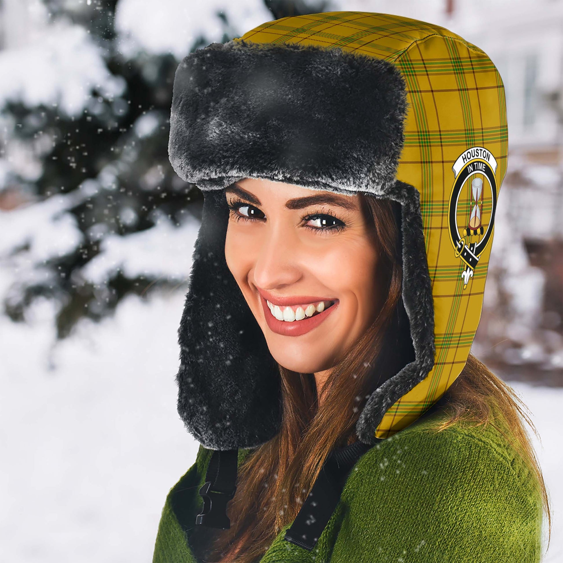 Houston Tartan Winter Trapper Hat with Family Crest - Tartanvibesclothing