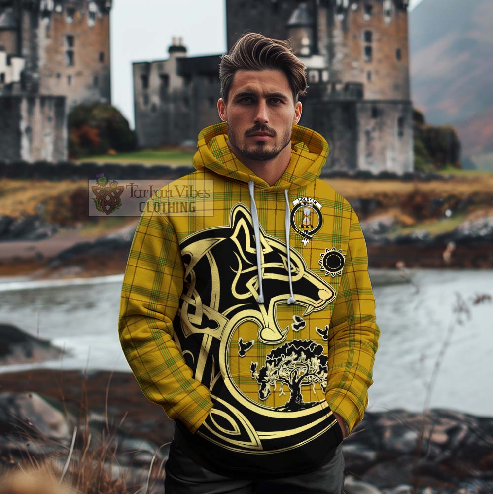 Tartan Vibes Clothing Houston Tartan Cotton Hoodie with Family Crest Celtic Wolf Style