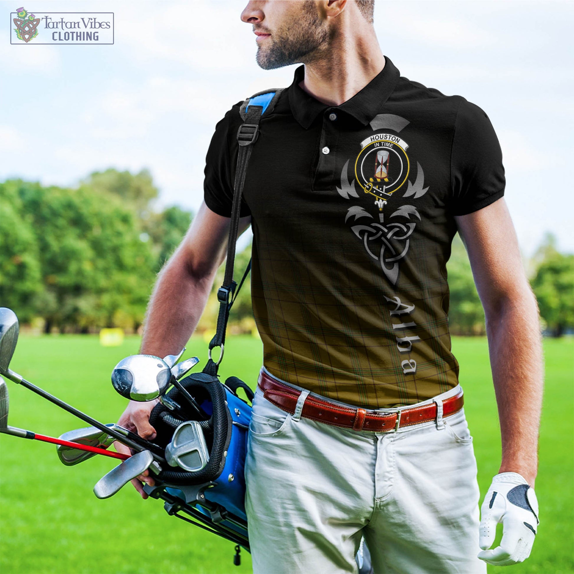 Tartan Vibes Clothing Houston Tartan Polo Shirt Featuring Alba Gu Brath Family Crest Celtic Inspired