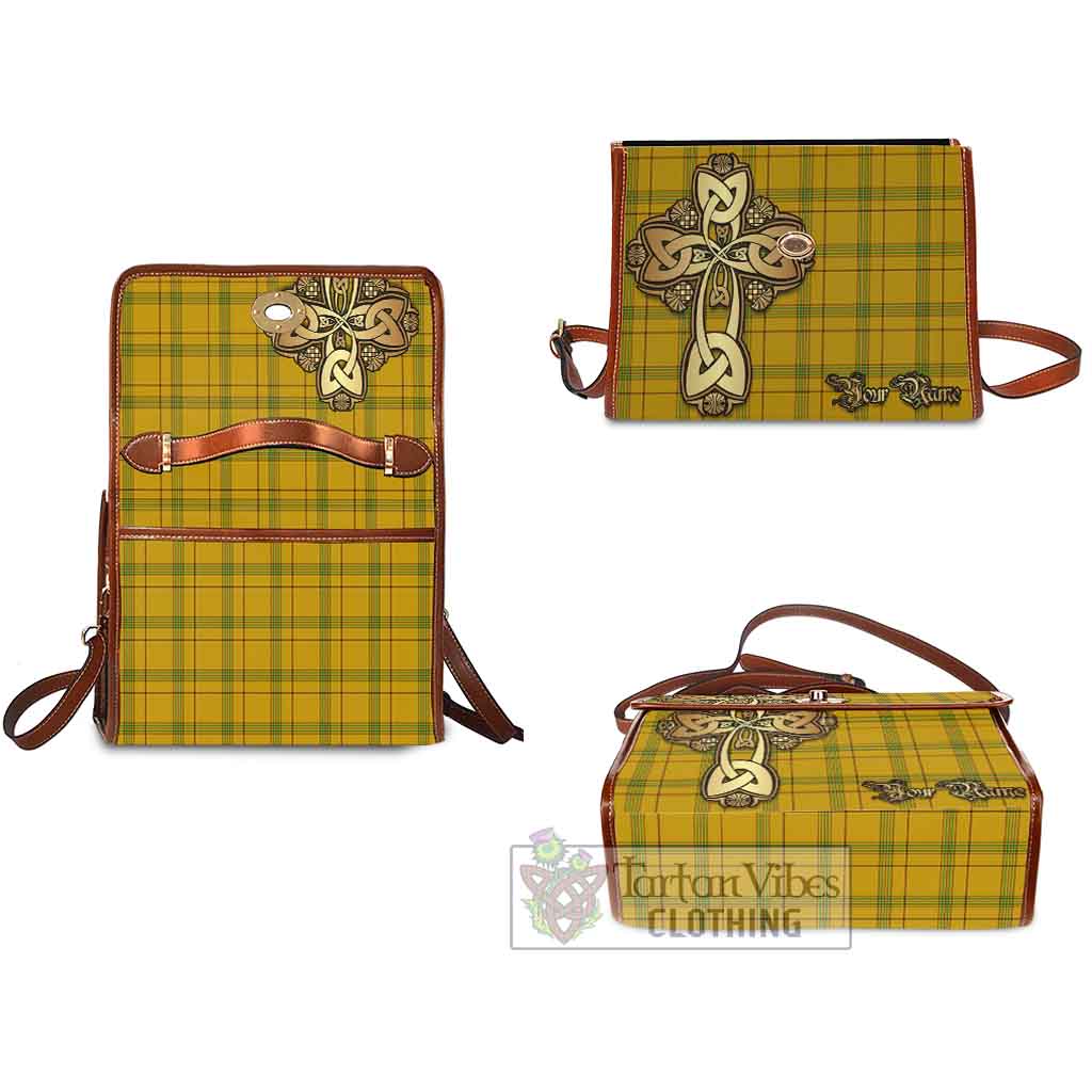 Tartan Vibes Clothing Houston Tartan Waterproof Canvas Bag Golden Thistle Celtic Cross Style