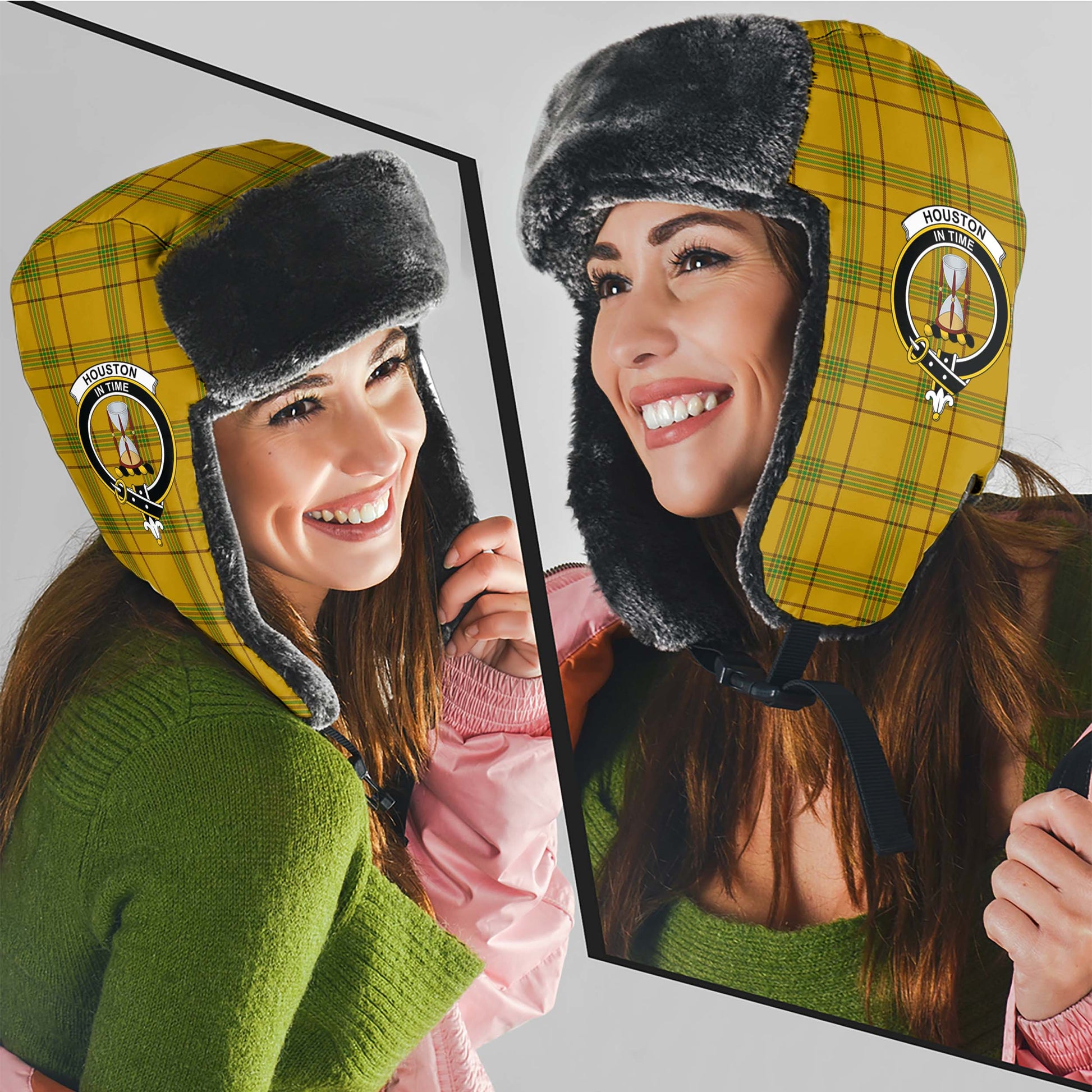 Houston Tartan Winter Trapper Hat with Family Crest - Tartanvibesclothing