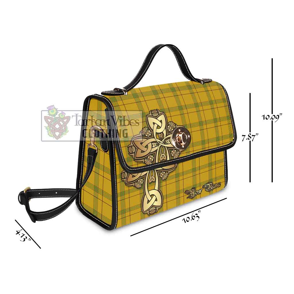 Tartan Vibes Clothing Houston Tartan Waterproof Canvas Bag Golden Thistle Celtic Cross Style