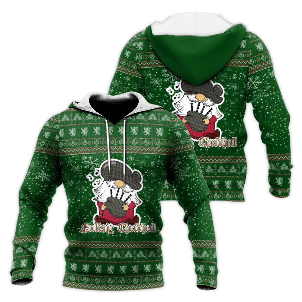 Howell of Wales Clan Christmas Knitted Hoodie with Funny Gnome Playing Bagpipes Green - Tartanvibesclothing
