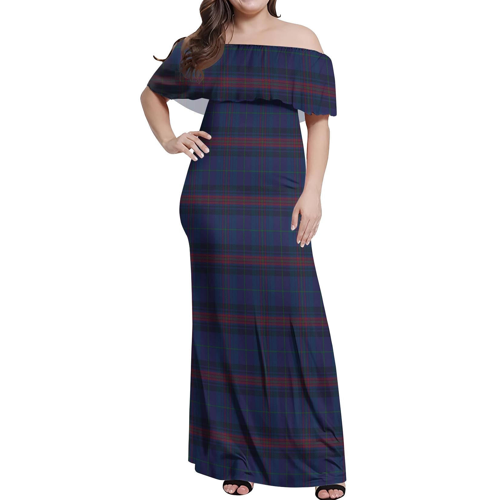 Hughes of Wales Tartan Off Shoulder Long Dress Women's Dress - Tartanvibesclothing