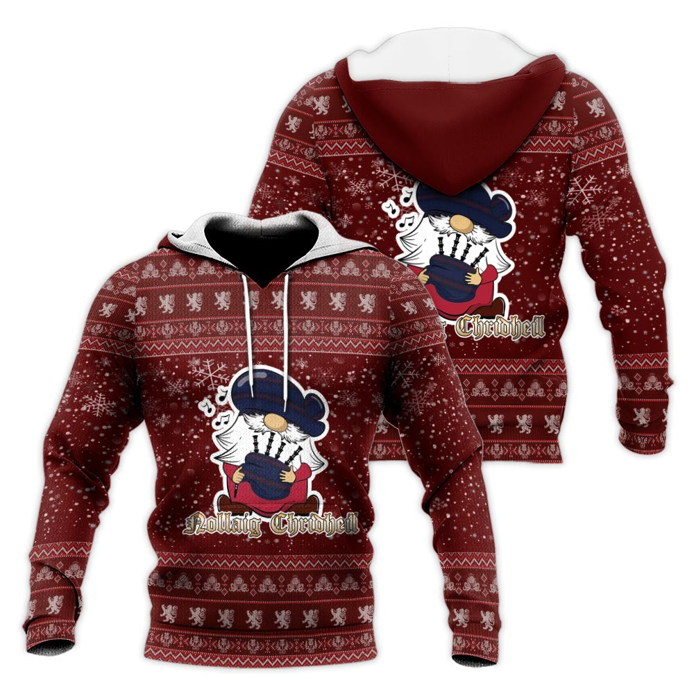 Hughes of Wales Clan Christmas Knitted Hoodie with Funny Gnome Playing Bagpipes Red - Tartanvibesclothing