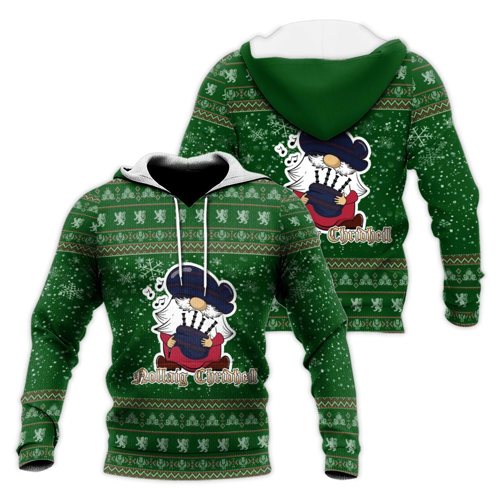 Hughes of Wales Clan Christmas Knitted Hoodie with Funny Gnome Playing Bagpipes Green - Tartanvibesclothing
