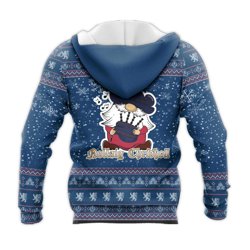 Hughes of Wales Clan Christmas Knitted Hoodie with Funny Gnome Playing Bagpipes - Tartanvibesclothing