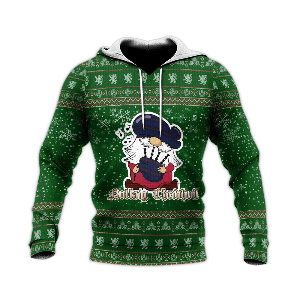 Hughes of Wales Clan Christmas Knitted Hoodie with Funny Gnome Playing Bagpipes - Tartanvibesclothing