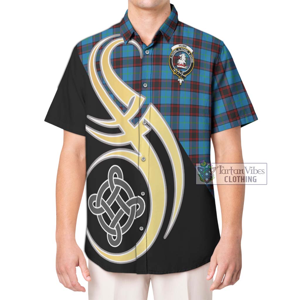 Tartan Vibes Clothing Hume Ancient Tartan Short Sleeve Button Shirt with Family Crest and Celtic Symbol Style