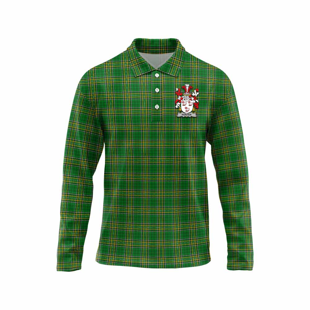 Hunter Irish Clan Tartan Long Sleeve Polo Shirt with Coat of Arms Unisex - Tartan Vibes Clothing