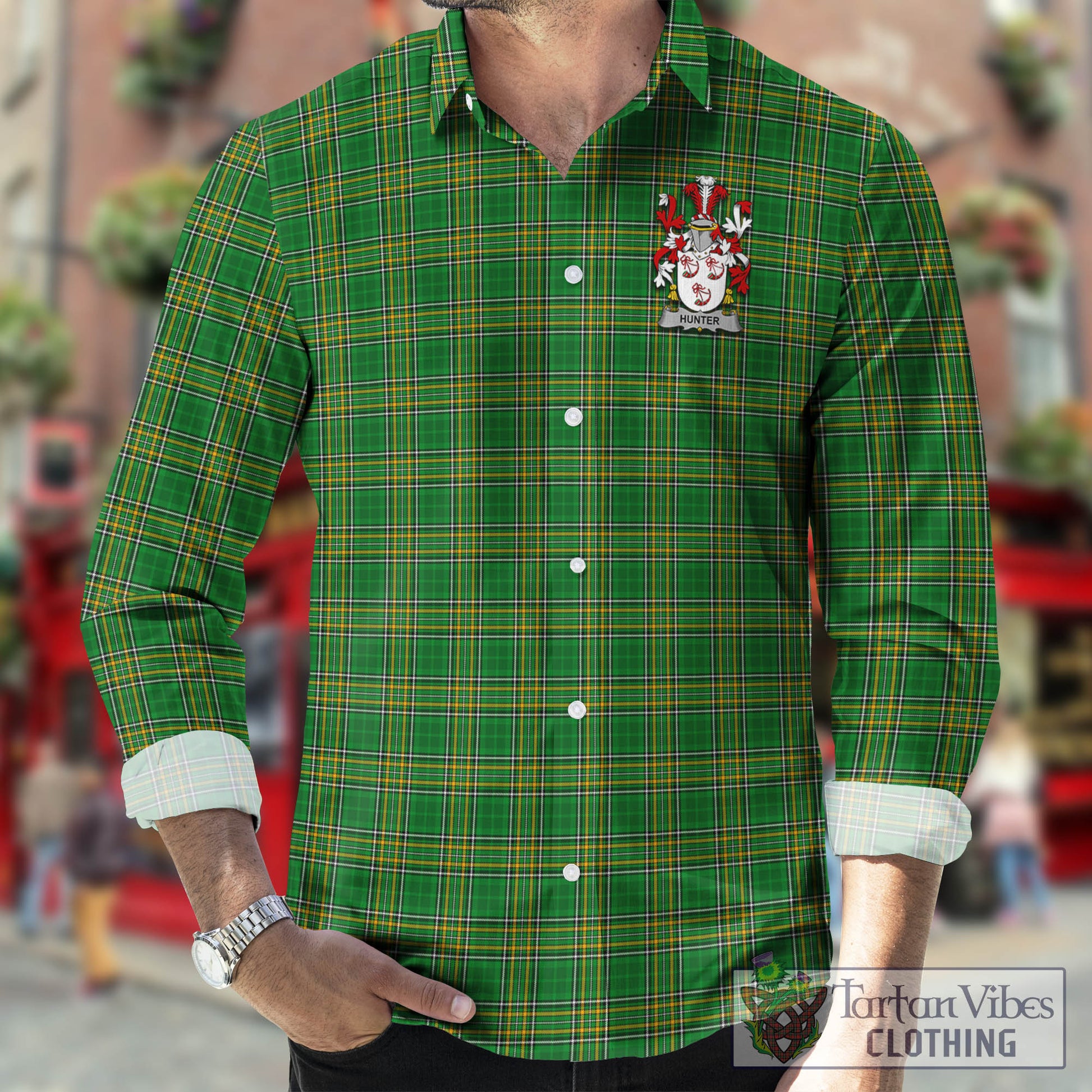 Tartan Vibes Clothing Hunter Ireland Clan Tartan Long Sleeve Button Up with Coat of Arms