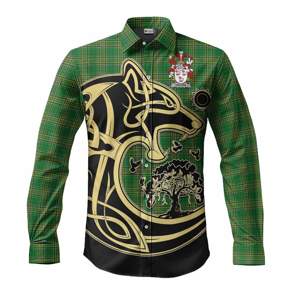 Hunter Irish Tartan Long Sleeve Button Shirt with Coat of Arms Celtic Wolf Style Men's Shirt S - Tartan Vibes Clothing