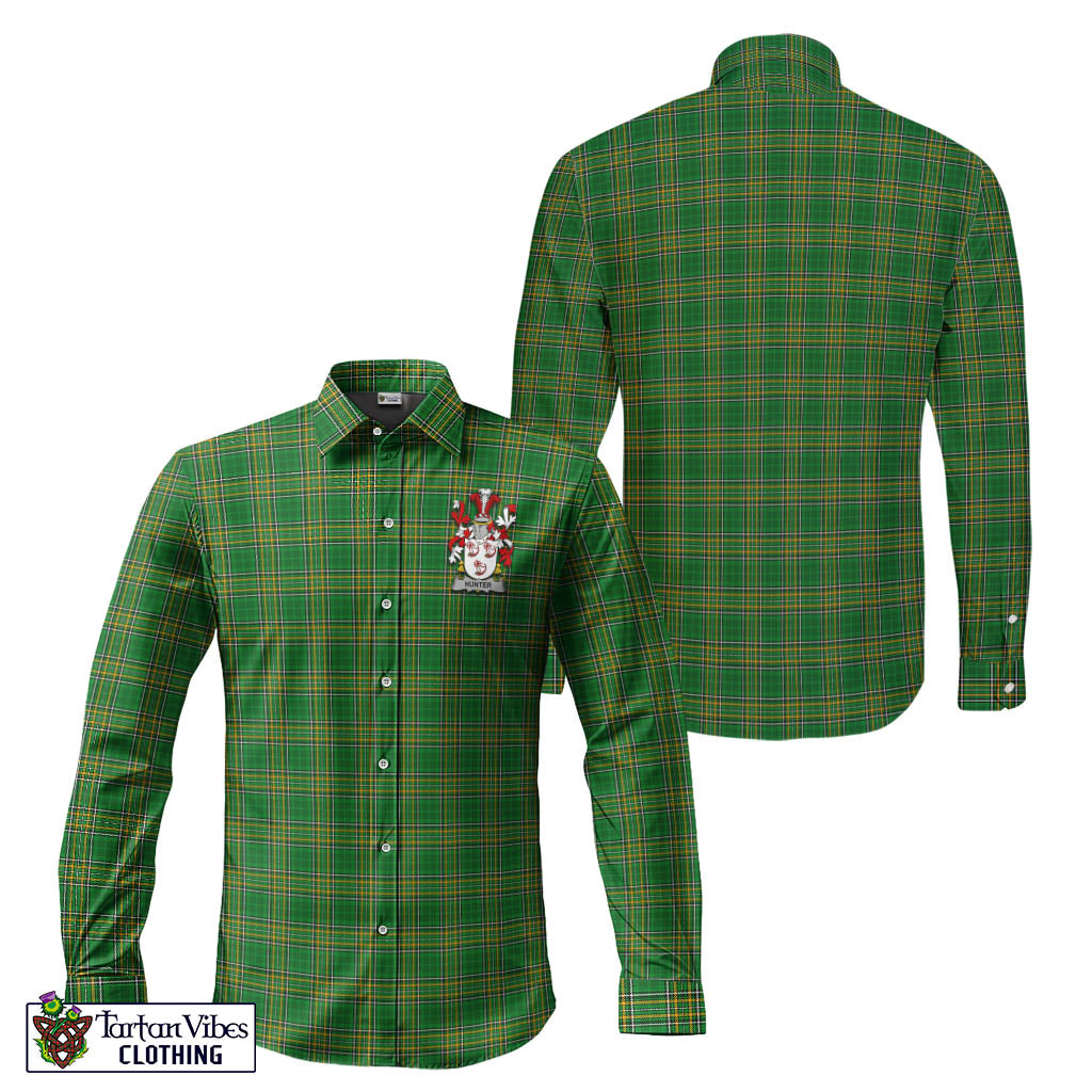 Tartan Vibes Clothing Hunter Ireland Clan Tartan Long Sleeve Button Up with Coat of Arms