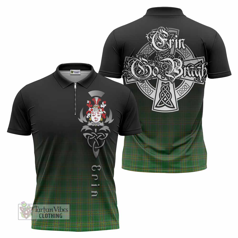 Hunter Irish Clan Zipper Polo Shirt with Coat of Arms Erin Go Bragh Celtic Inspired - Tartan Vibes Clothing