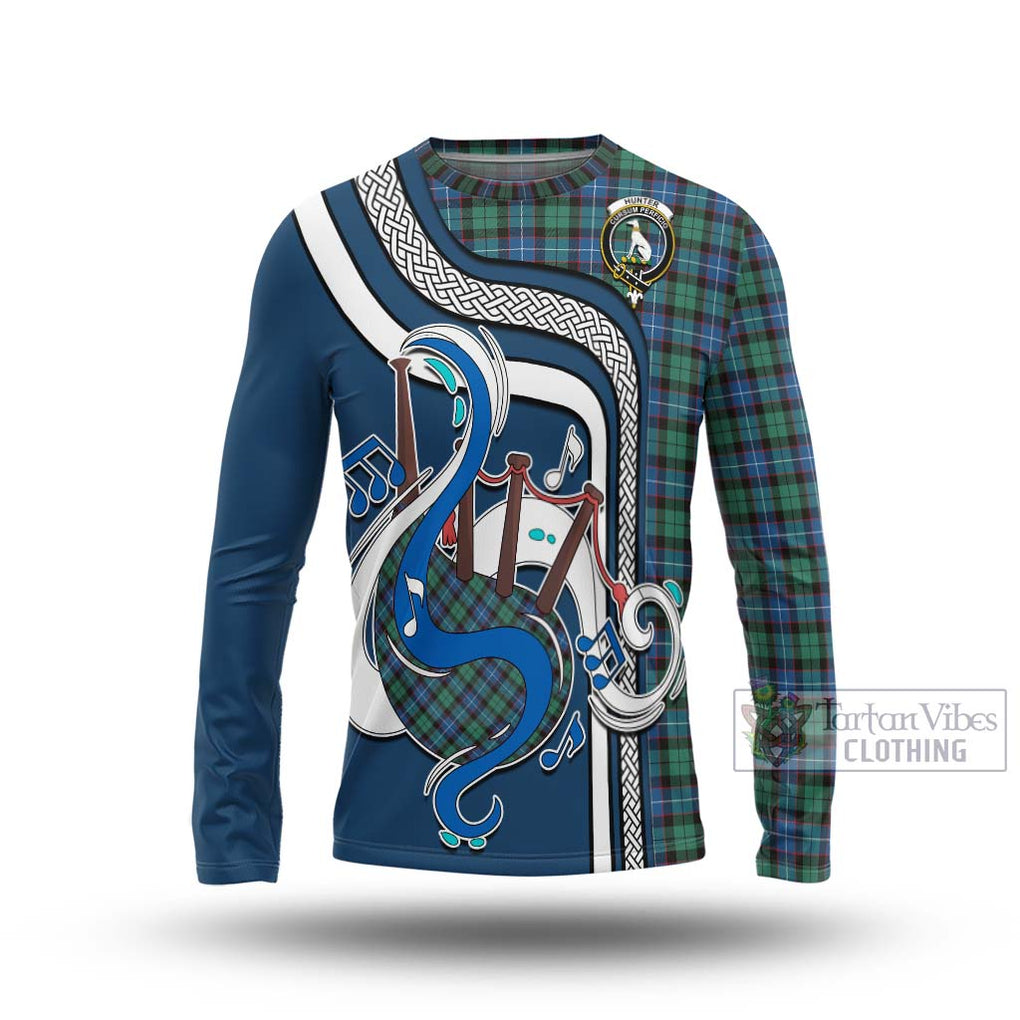 Tartan Vibes Clothing Hunter Ancient Tartan Long Sleeve T-Shirt with Epic Bagpipe Style