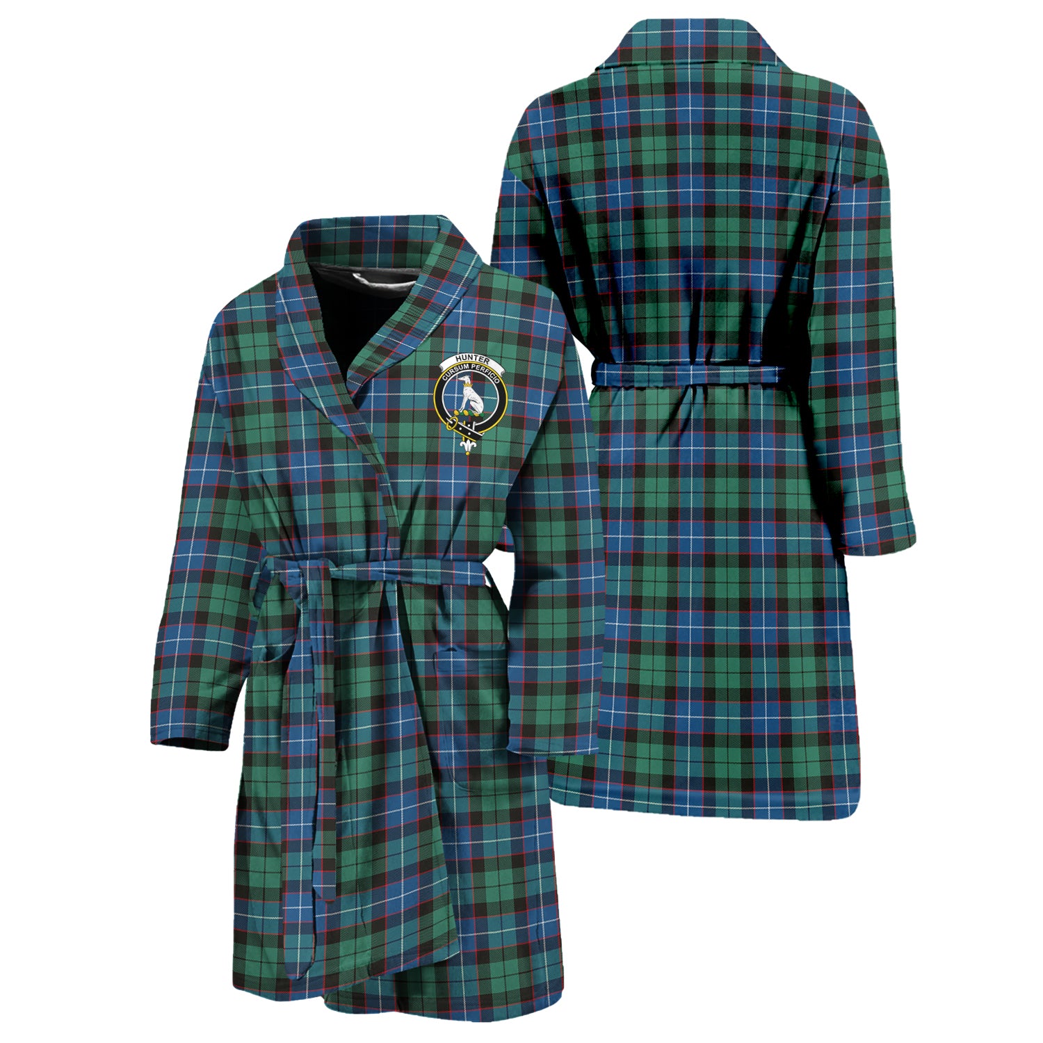 Hunter Ancient Tartan Bathrobe with Family Crest Unisex S - Tartan Vibes Clothing