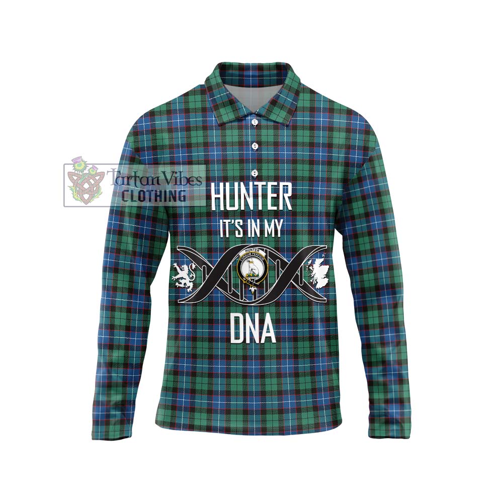 Hunter Ancient Tartan Long Sleeve Polo Shirt with Family Crest DNA In Me Style Unisex - Tartanvibesclothing Shop