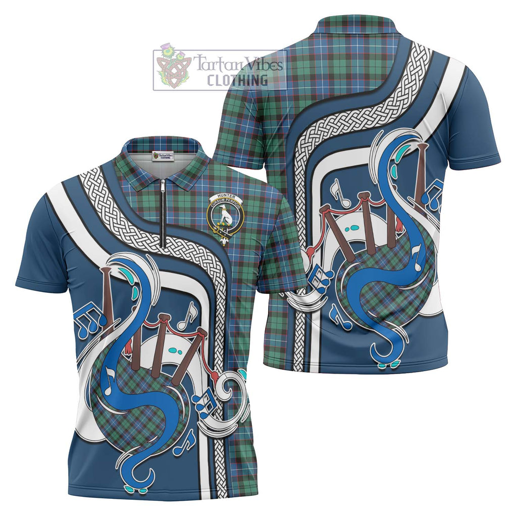 Hunter Ancient Tartan Zipper Polo Shirt with Epic Bagpipe Style Unisex - Tartanvibesclothing Shop